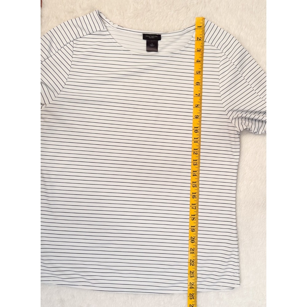 Ann Taylor Factory Blouse White Black Stripe Flutter Elbow Sleeve Top - Small - Picture 8 of 10